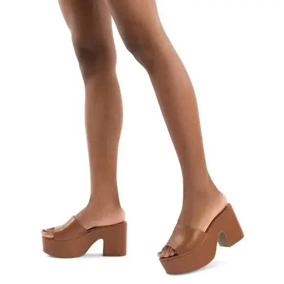 Larroude Miso Leather Slip On Block Heel Platform Sandals Caramel Women's US 7.5 - Picture 2 of 8